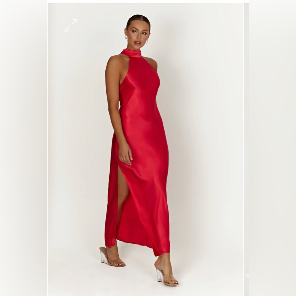 CLAIRE
Satin Drape Back Maxi Dress with Split - Red
